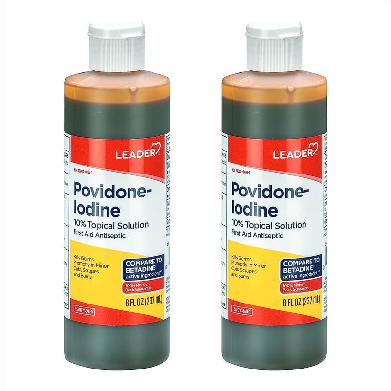 Leader Povidone Iodine 10% Prep Solution USP, First Aid Antiseptic Wound Cleanser, Wound Wash, Antiseptic Soap (8 Fl Oz, Pack of 2) - Image 1